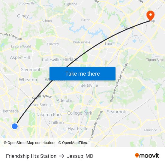 Friendship Hts Station to Jessup, MD map