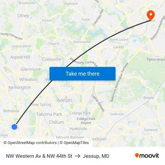 NW Western Av & NW 44th St to Jessup, MD map
