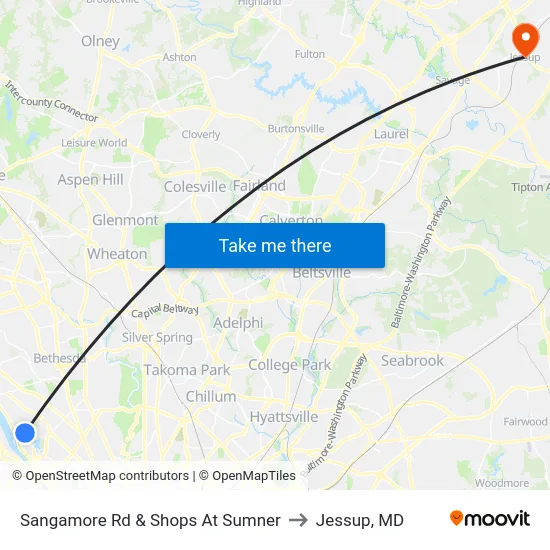 Sangamore Rd & Shops At Sumner to Jessup, MD map