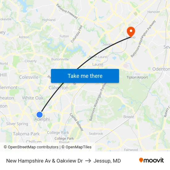 New Hampshire Av & Oakview Dr to Jessup, MD map