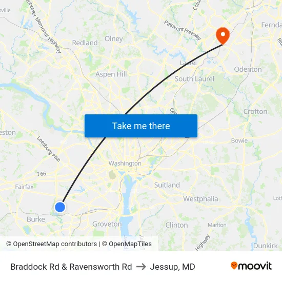 Braddock Rd & Ravensworth Rd to Jessup, MD map