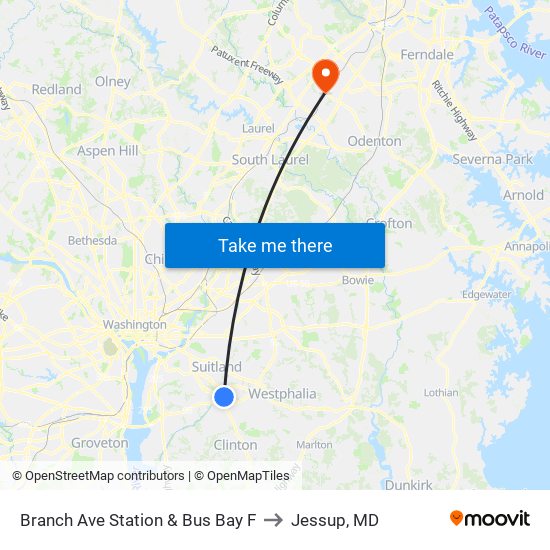 Branch Ave Station & Bus Bay F to Jessup, MD map