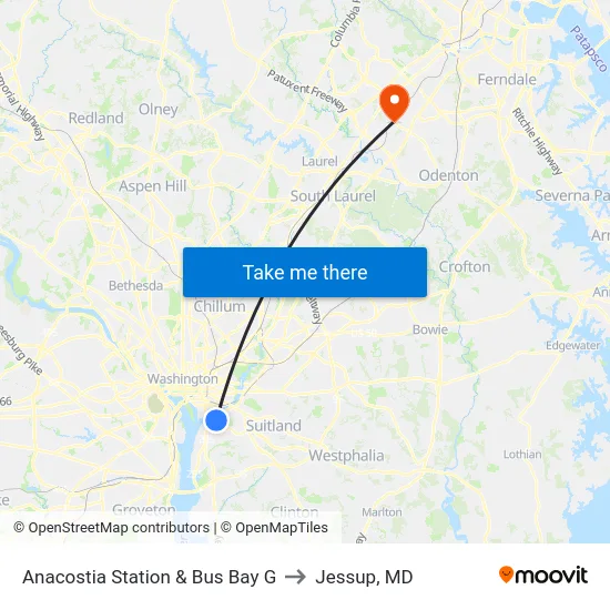 Anacostia Station & Bus Bay G to Jessup, MD map