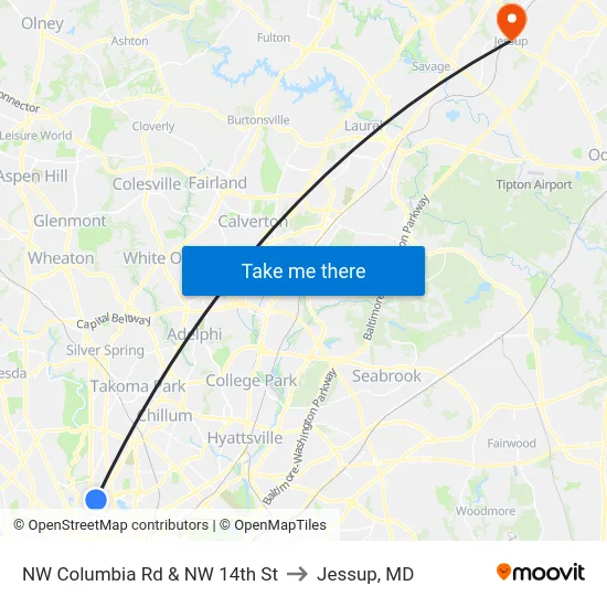 NW Columbia Rd & NW 14th St to Jessup, MD map
