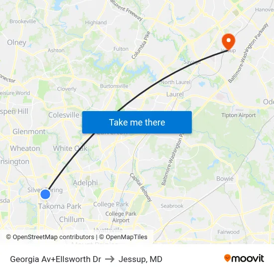 Georgia Av+Ellsworth Dr to Jessup, MD map
