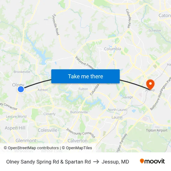 Olney Sandy Spring Rd & Spartan Rd to Jessup, MD map
