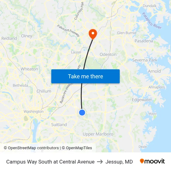 Campus Way South at Central Avenue to Jessup, MD map