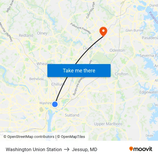 Washington Union Station to Jessup, MD map