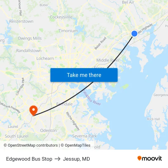 Edgewood Bus Stop to Jessup, MD map