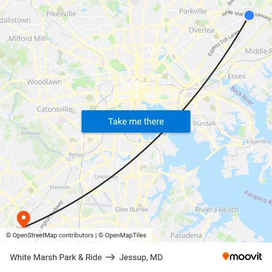 White Marsh Park & Ride to Jessup, MD map