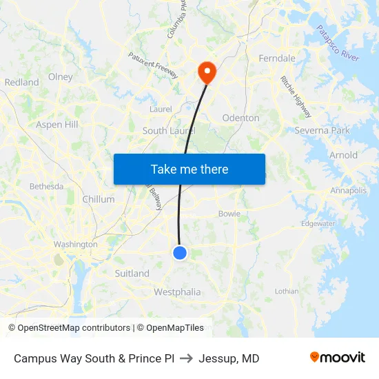 Campus Way South & Prince Pl to Jessup, MD map