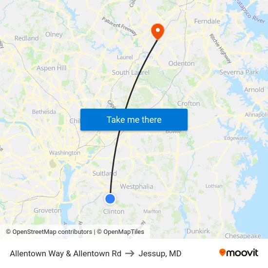 Allentown Way & Allentown Rd to Jessup, MD map