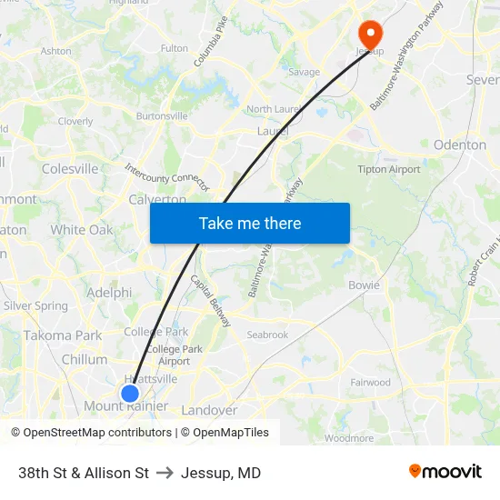 38th St & Allison St to Jessup, MD map