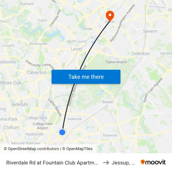 Riverdale Rd at Fountain Club Apartments to Jessup, MD map