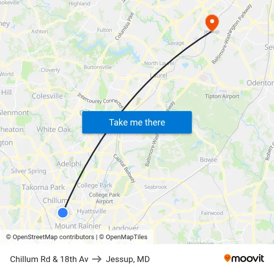 Chillum Rd & 18th Av to Jessup, MD map