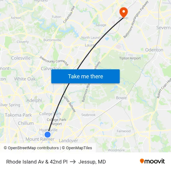 Rhode Island Av & 42nd Pl to Jessup, MD map