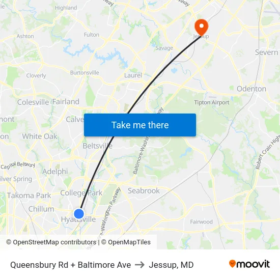 Queensbury Rd + Baltimore Ave to Jessup, MD map