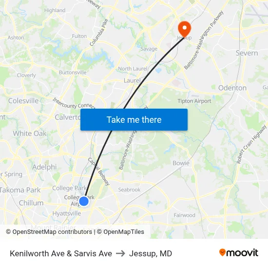 Kenilworth Ave & Sarvis Ave to Jessup, MD map