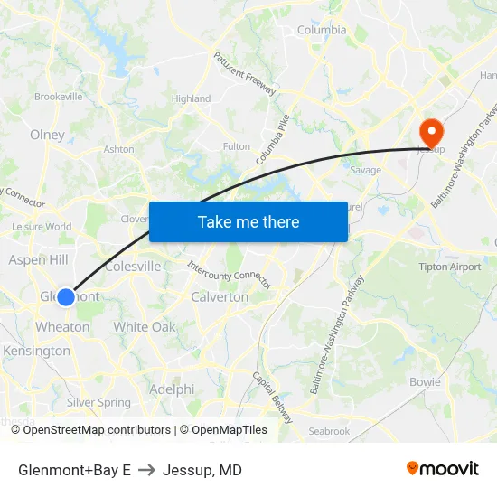 Glenmont+Bay E to Jessup, MD map