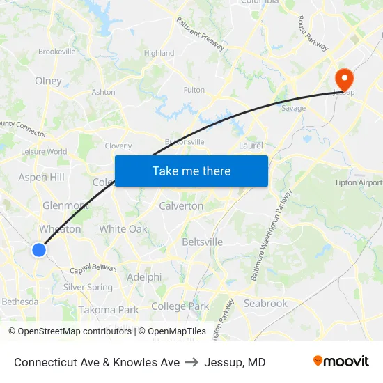Connecticut Ave & Knowles Ave to Jessup, MD map