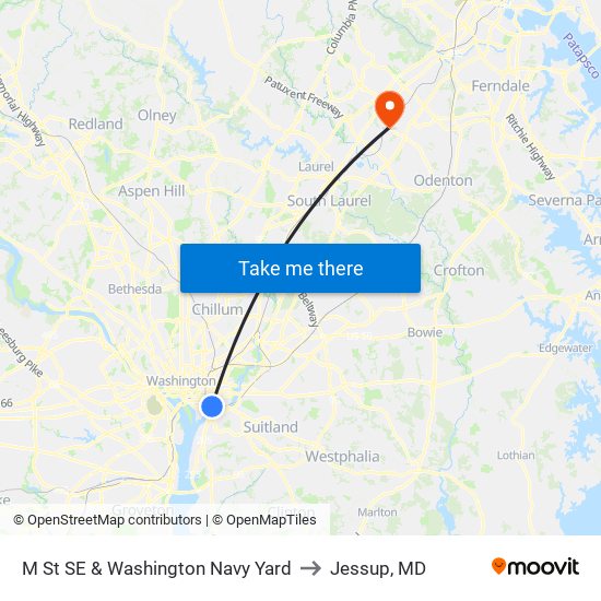 M St SE & Washington Navy Yard to Jessup, MD map