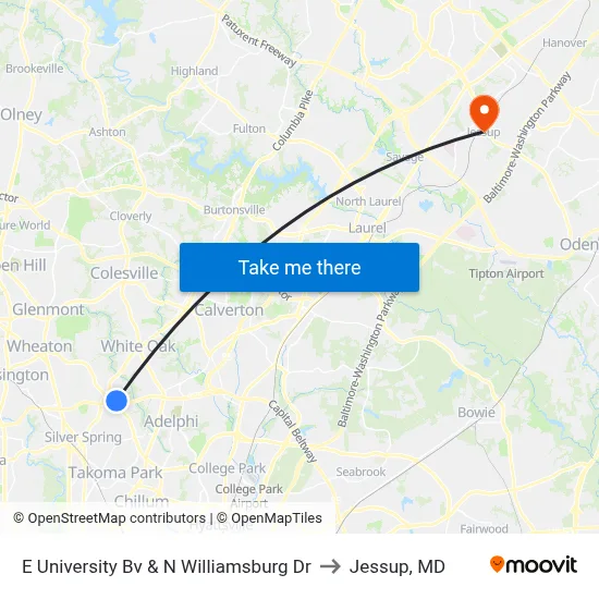 E University Bv & N Williamsburg Dr to Jessup, MD map