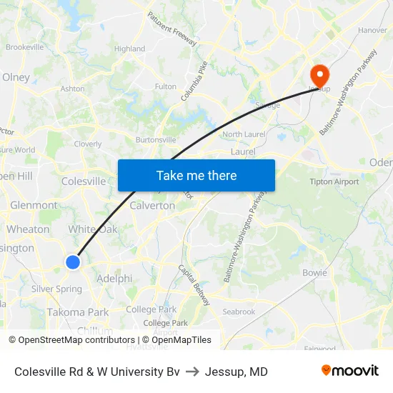 Colesville Rd & W University Bv to Jessup, MD map