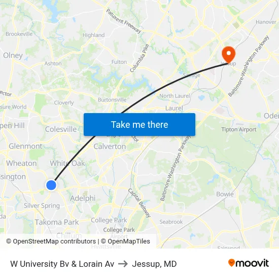 W University Bv & Lorain Av to Jessup, MD map