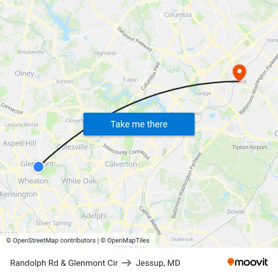 Randolph Rd & Glenmont Cir to Jessup, MD map