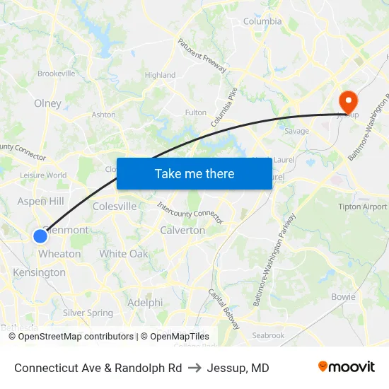 Connecticut Ave & Randolph Rd to Jessup, MD map
