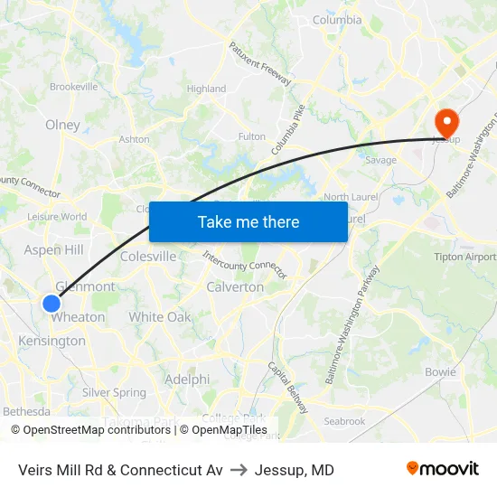 Veirs Mill Rd & Connecticut Av to Jessup, MD map