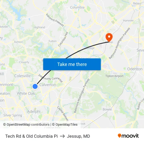 Tech Rd & Old Columbia Pi to Jessup, MD map