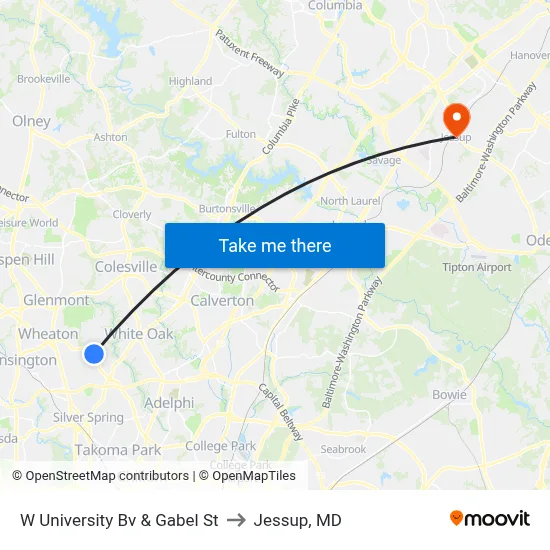 W University Bv & Gabel St to Jessup, MD map