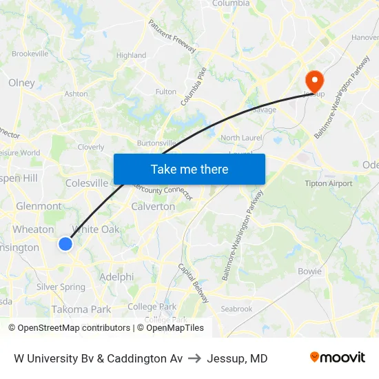 W University Bv & Caddington Av to Jessup, MD map
