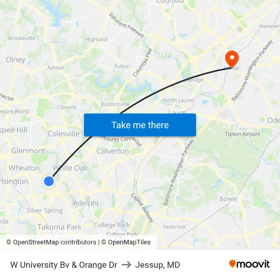 W University Bv & Orange Dr to Jessup, MD map