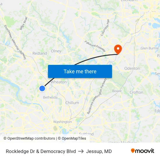 Rockledge Dr & Democracy Blvd to Jessup, MD map