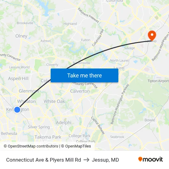 Connecticut Ave & Plyers Mill Rd to Jessup, MD map