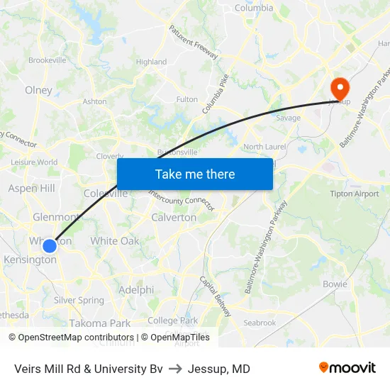 Veirs Mill Rd & University Bv to Jessup, MD map