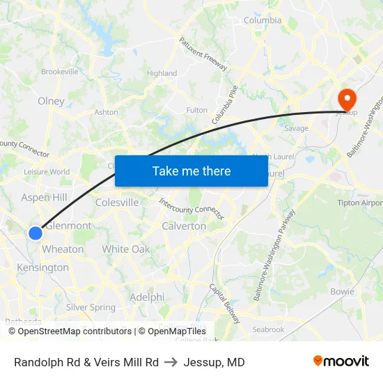 Randolph Rd & Veirs Mill Rd to Jessup, MD map