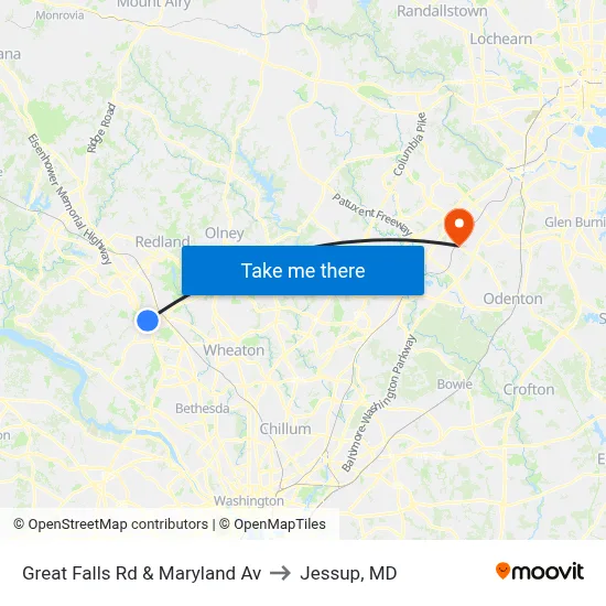Great Falls Rd & Maryland Av to Jessup, MD map