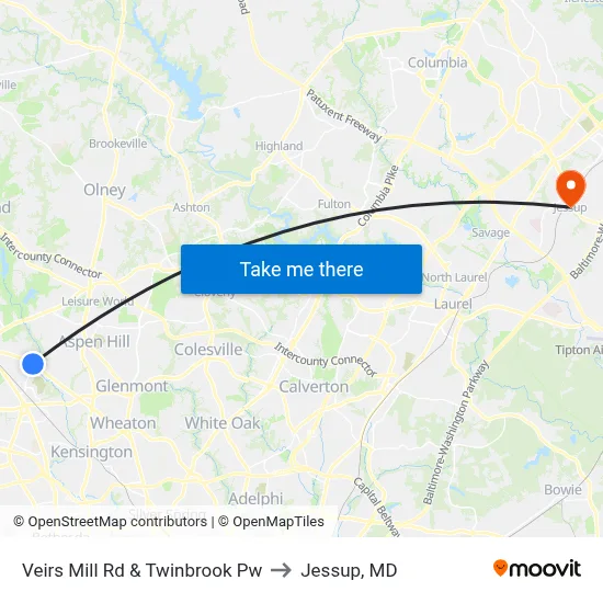 Veirs Mill Rd & Twinbrook Pw to Jessup, MD map