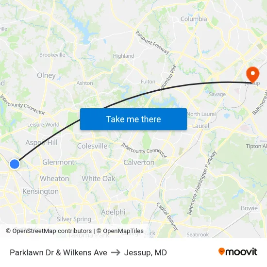 Parklawn Dr & Wilkens Ave to Jessup, MD map
