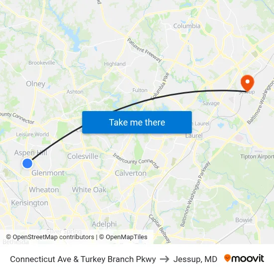 Connecticut Ave & Turkey Branch Pkwy to Jessup, MD map