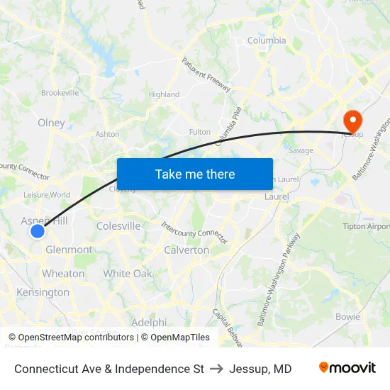 Connecticut Ave & Independence St to Jessup, MD map