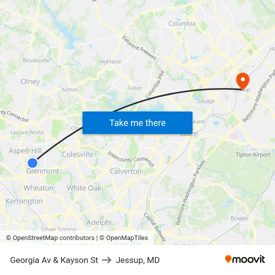 Georgia Av & Kayson St to Jessup, MD map
