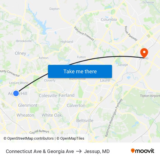 Connecticut Ave & Georgia Ave to Jessup, MD map