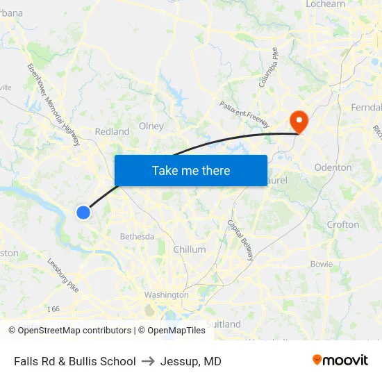 Falls Rd & Bullis School to Jessup, MD map