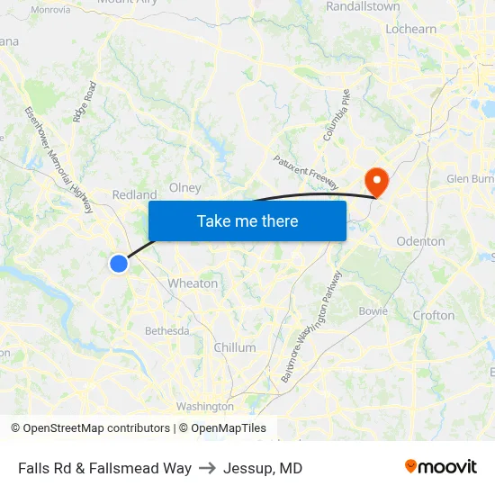 Falls Rd & Fallsmead Way to Jessup, MD map