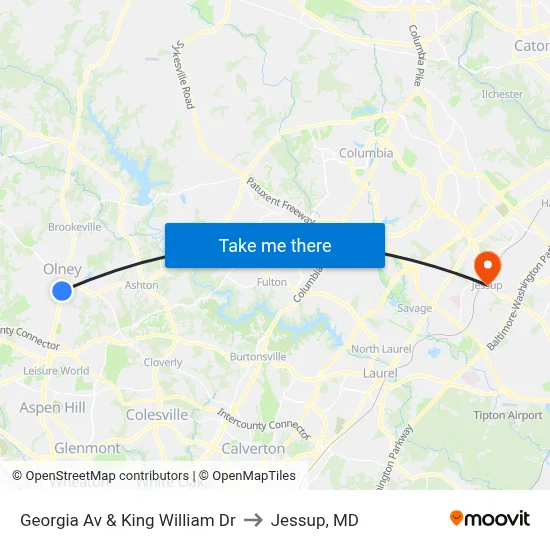 Georgia Av & King William Dr to Jessup, MD map
