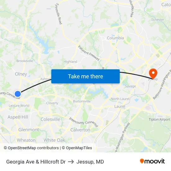 Georgia Ave & Hillcroft Dr to Jessup, MD map